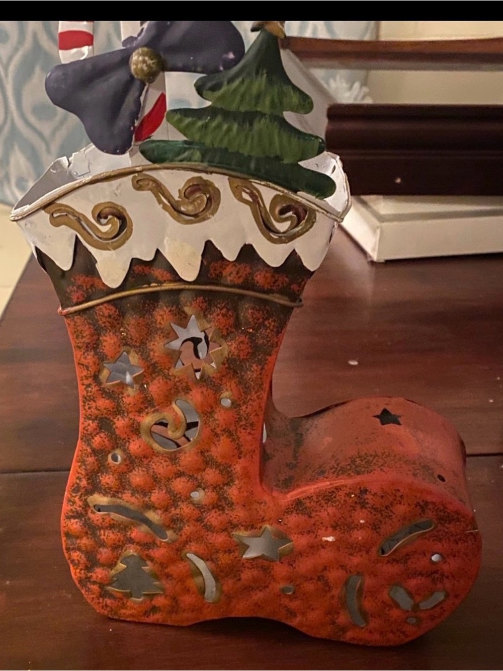 Festive Orange Metal Christmas Stocking Lantern - Unbranded